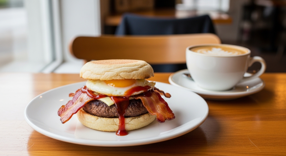 BBQ Bacon Egg & Beef Muffin with Coffee